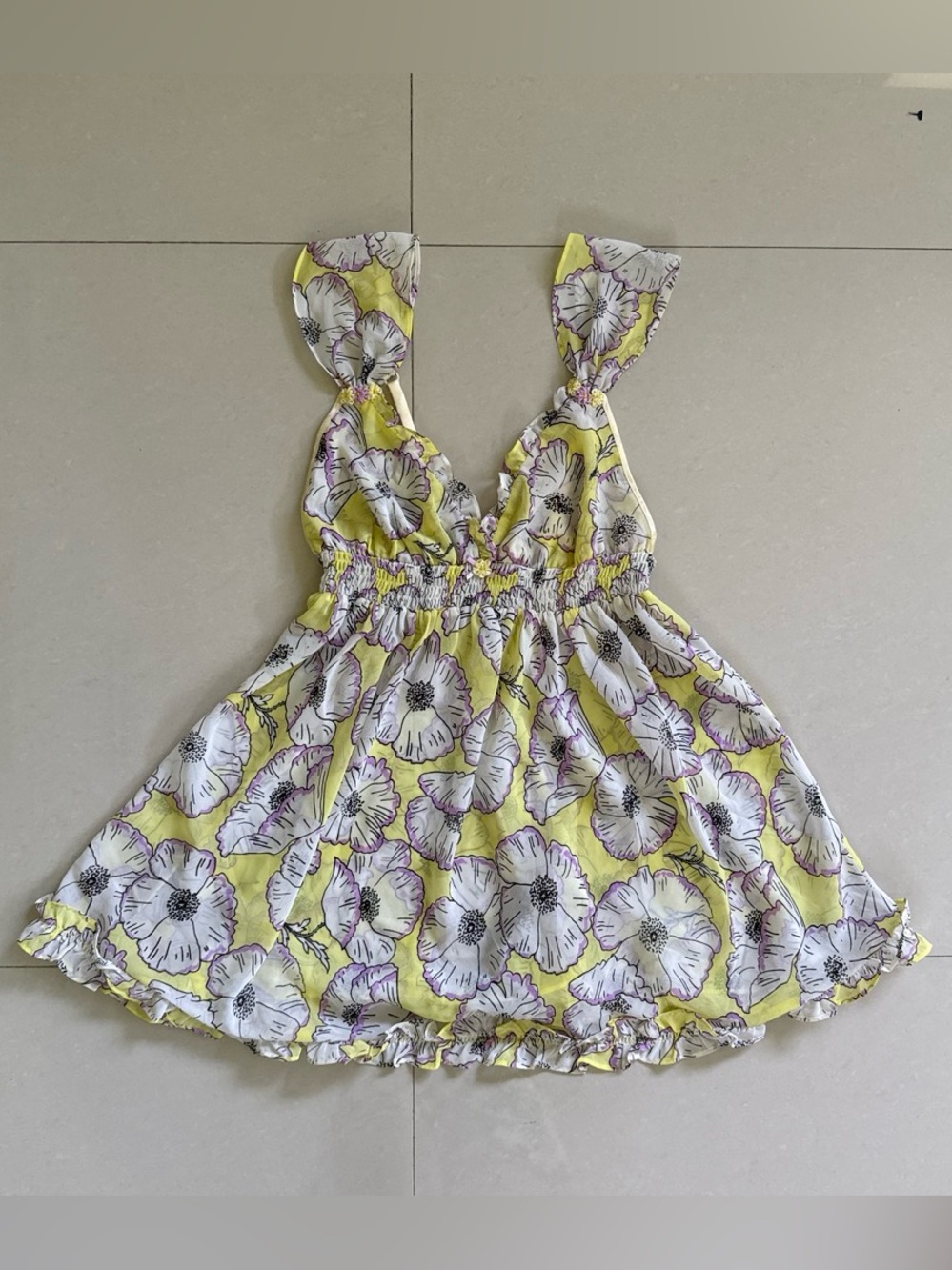 Betsey Johnson Yellow Floral Ruffle Strap Slip Mini Dress with flower appliqué